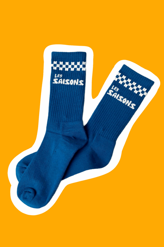 Les Saisons crew socks mid calf cotton comfortable and original. Blue and with checkers.