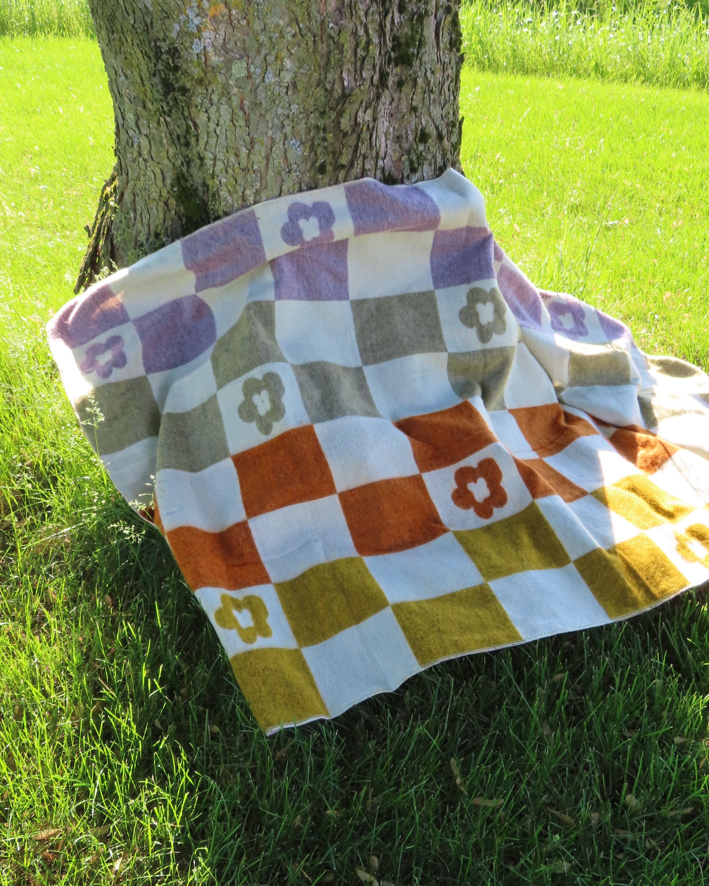 Checkered blanket laying on a tree