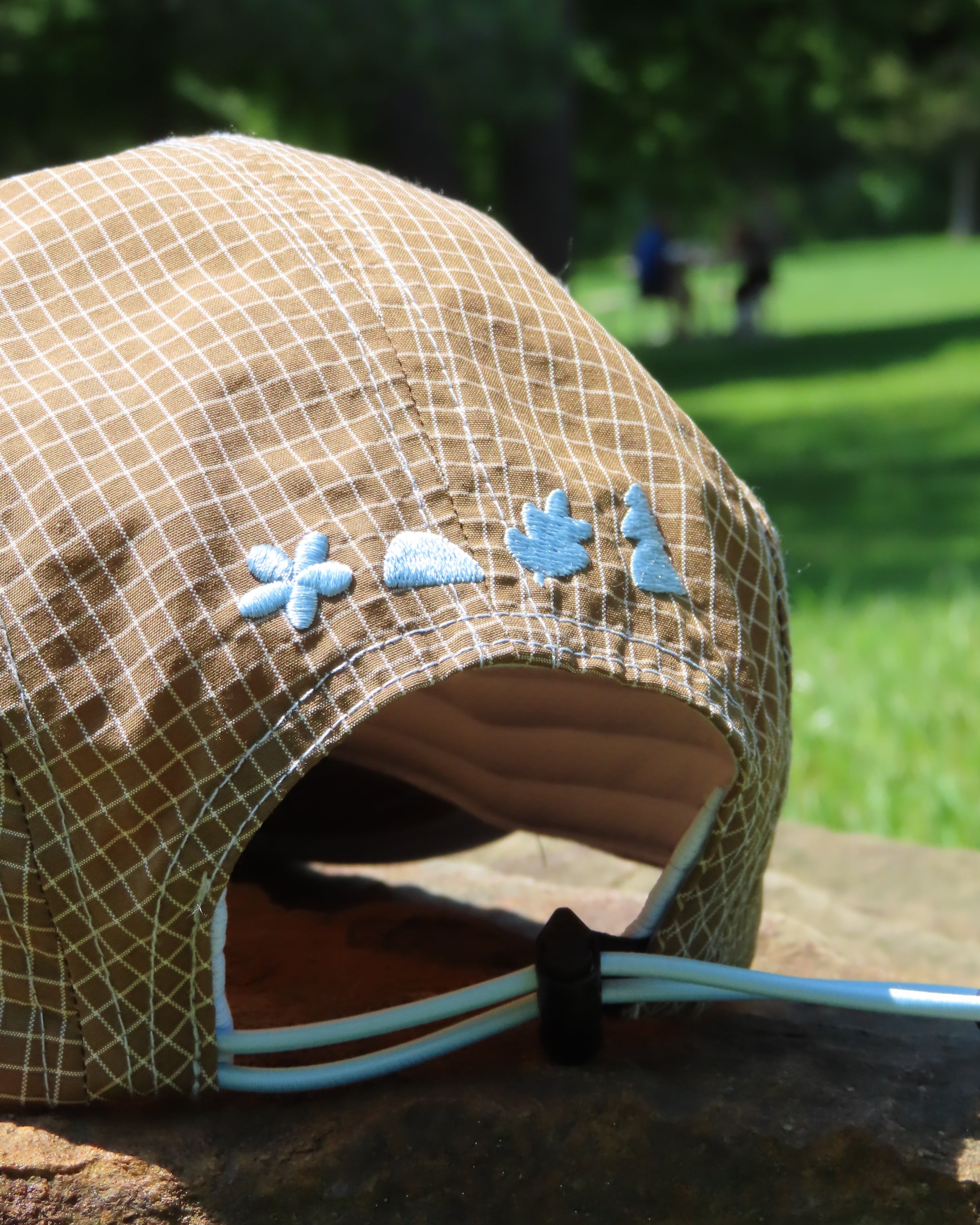 Close-up of a brow cap with blue logo against a blurred green background