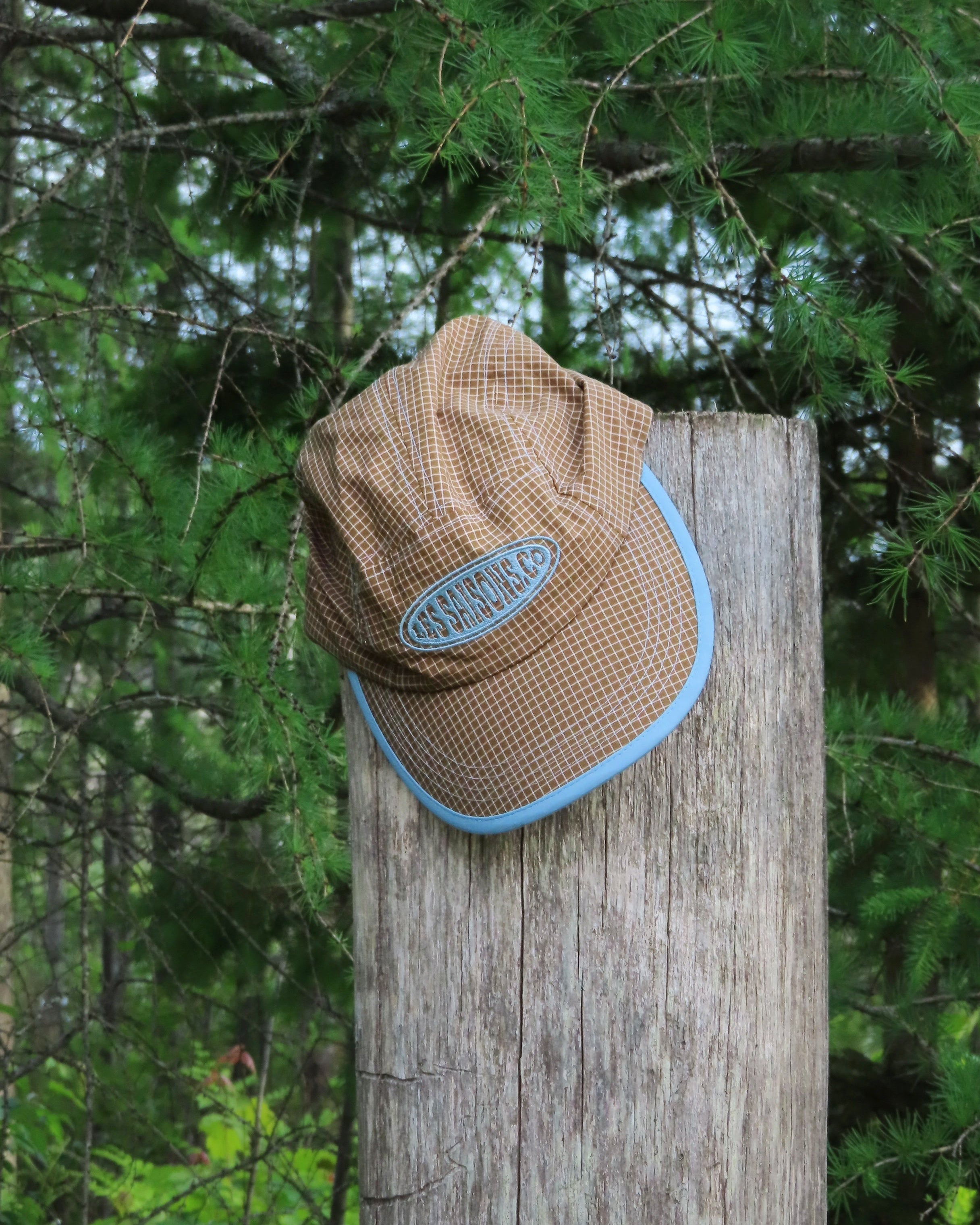 Brown cap with blue rim on a wooden post in a forest setting