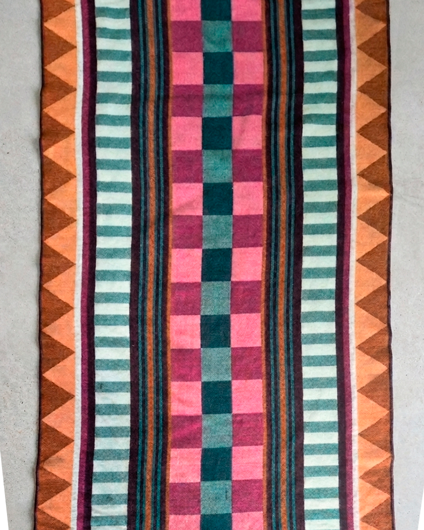 Flat lay of a geometric blanket with colorful designs