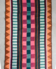 Flat lay of a geometric blanket with colorful designs