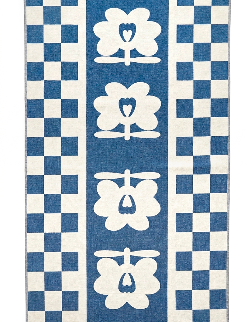 Blanket with blue and white checkered pattern and floral designs