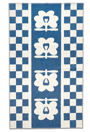 Blanket with blue and white checkered pattern and floral designs