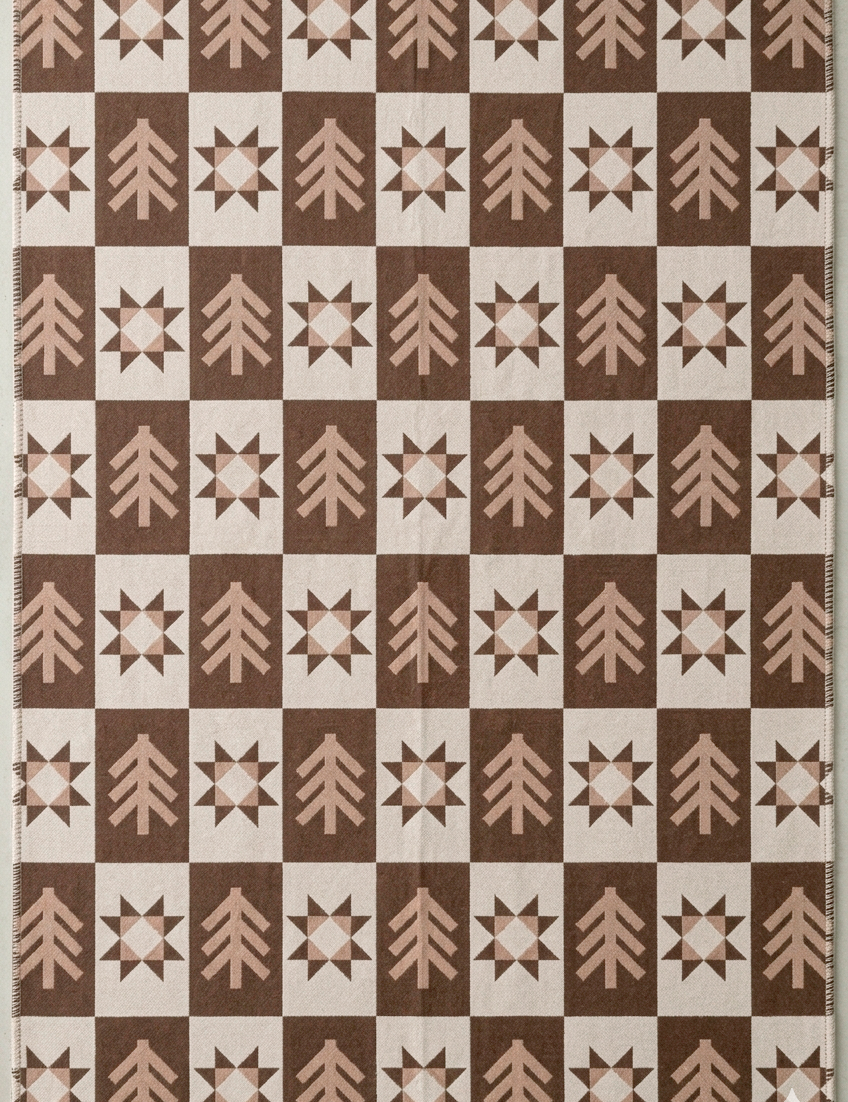 Flat lay of a brown blanket with forest pattern