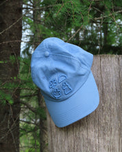Light blue cap with a logo on a wooden post against a natural background