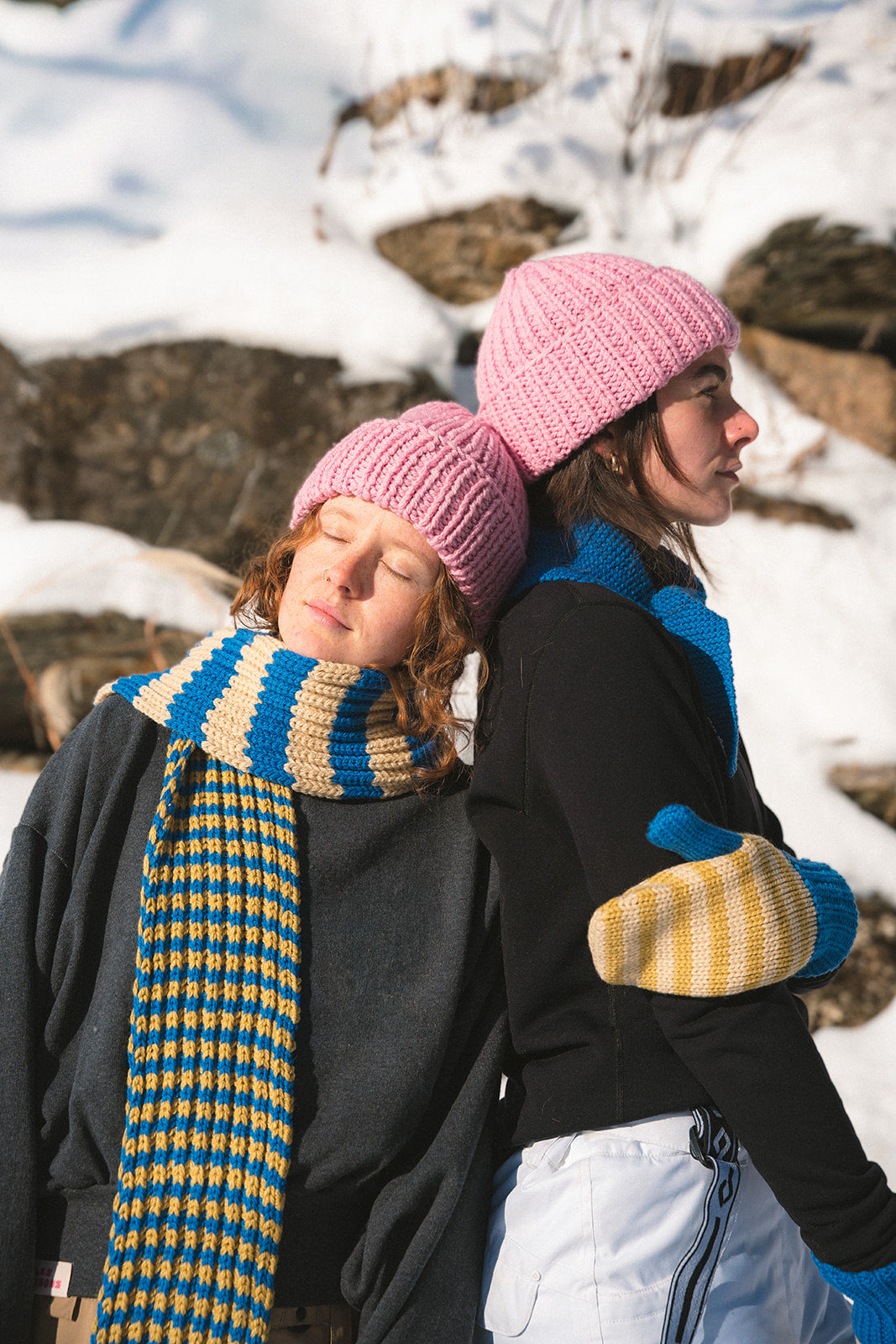 two girls wearing Les Saisons merino beanie, merino scarves and merino mittens_snow_winter