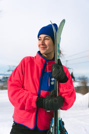 girl outside wearing the Les Saisons retrop pink fleece jacket_winter_ski