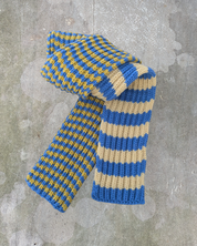 Knitted scarf with blue and beige stripes merino