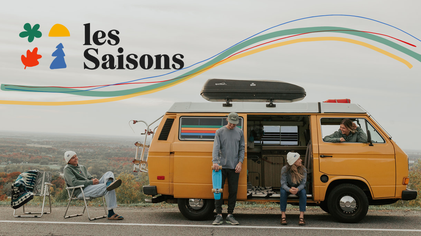 Yellow Westfalia parked by mountains, featuring a group in casual clothes, toques, and a cap, enjoying outdoors.