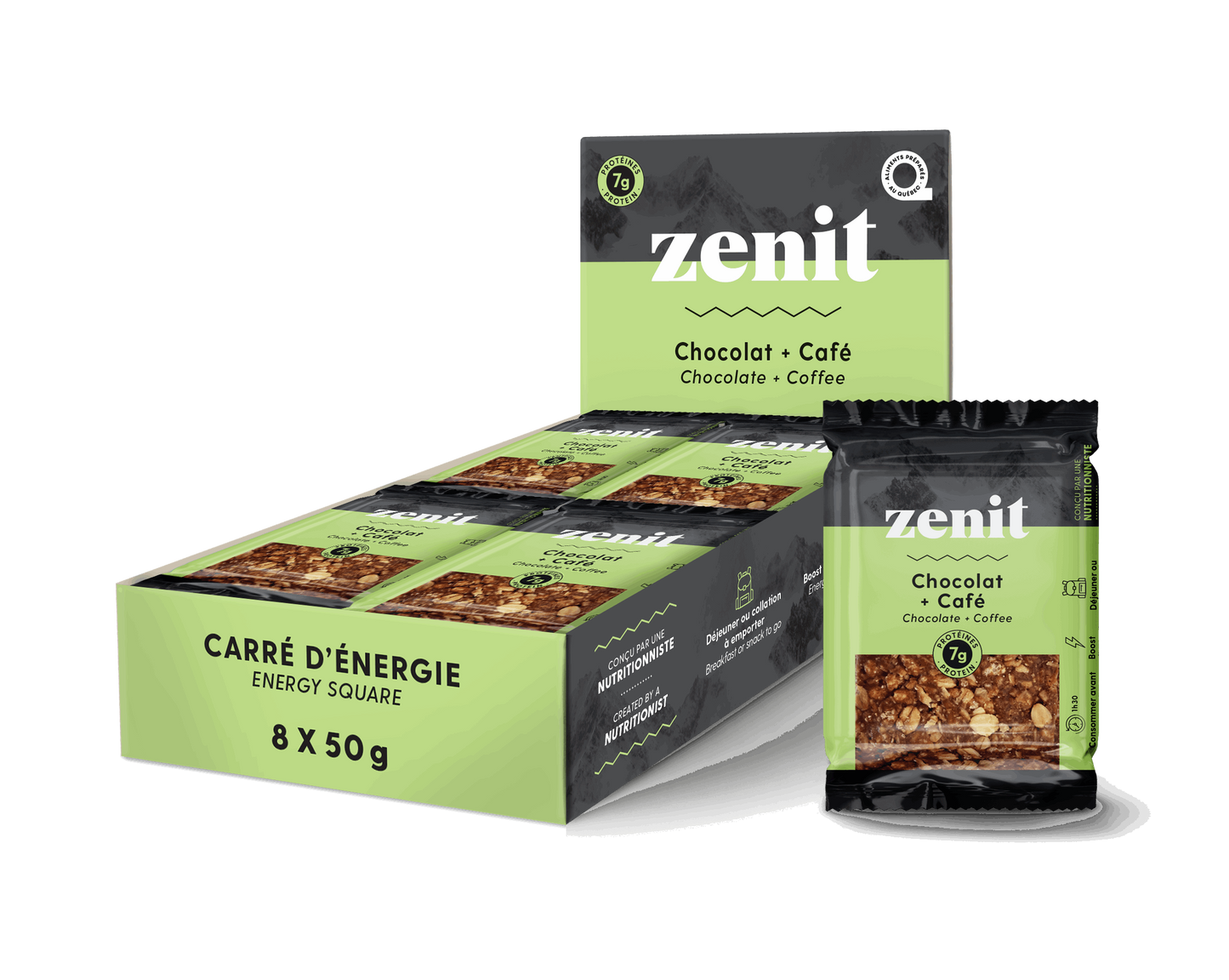 Zenit brand chocolate and coffee nutrition bars displayed