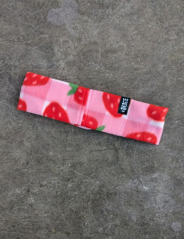 Strawberry patterned, pink and white checkered fleece bandana