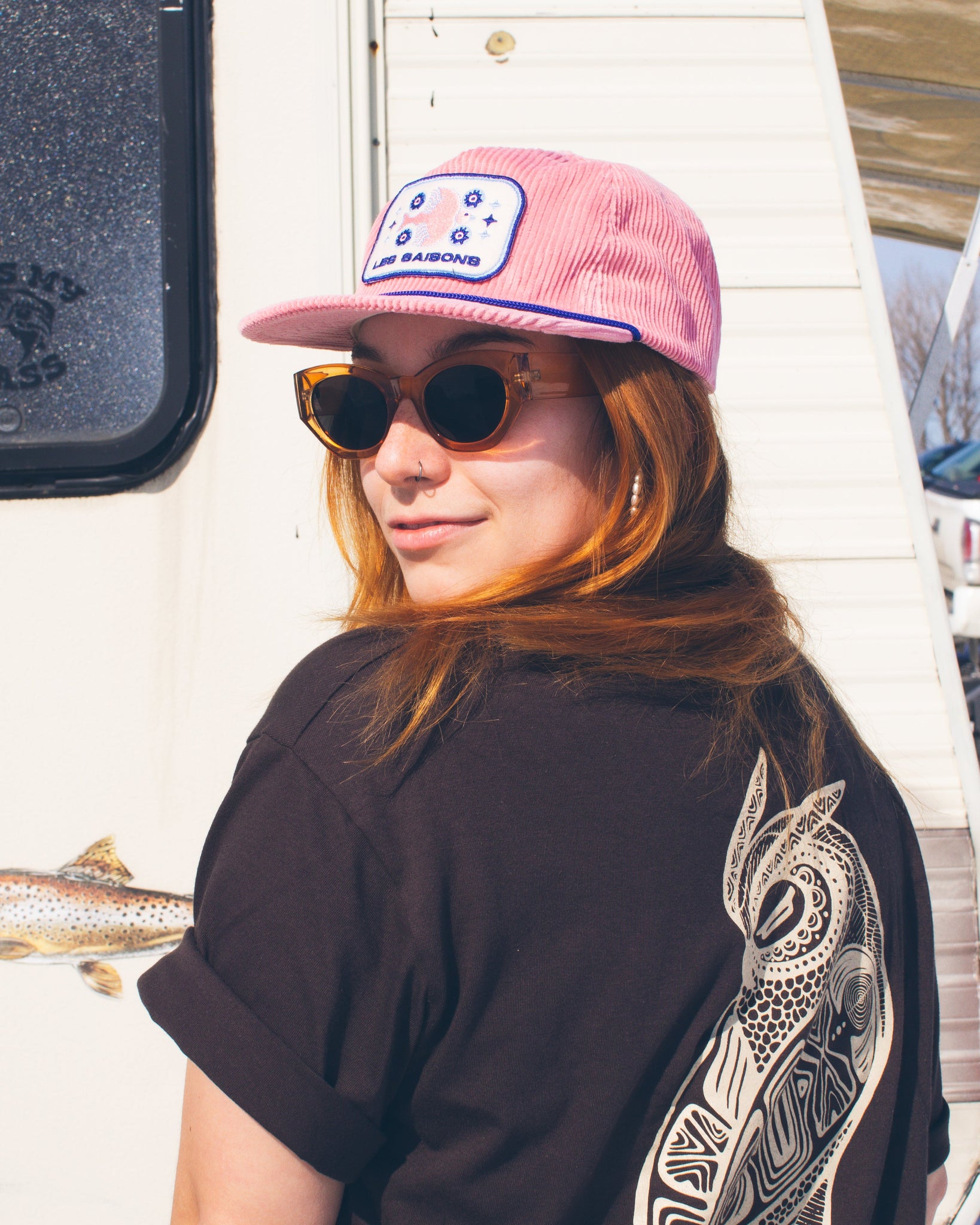 Pink Corduroy Cap with Embroidered Can Design Pink Corduroy Hat: Embroidered Retro Roller Skate 70s Cap  main image 4