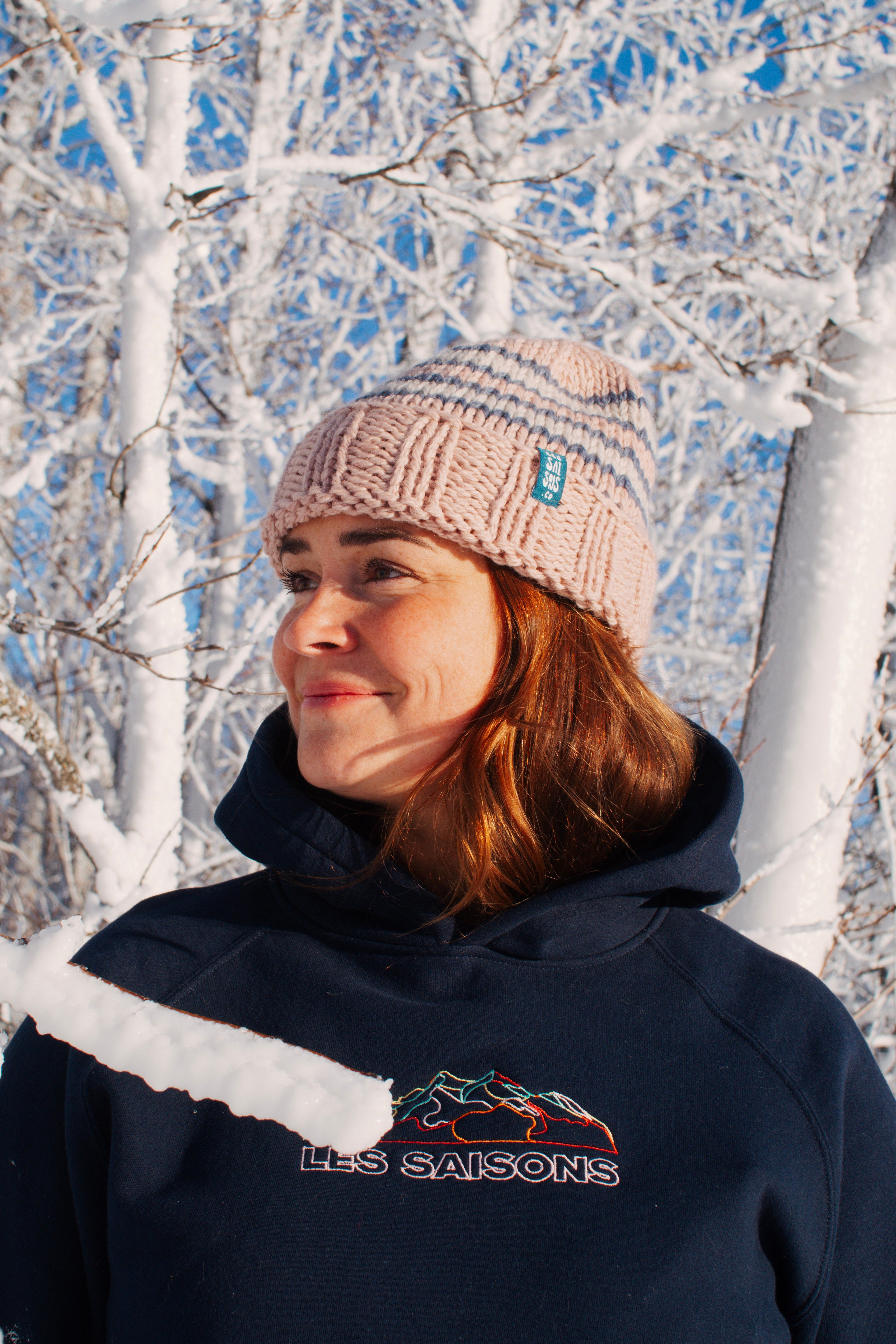 Light pink and blue handknitted merino toque, made in Nepal, granola girl stylish les Saisons