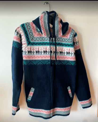 Blue, navy and pink alpaca hoodie with pockets and cap, les saisons with alpaca pattern